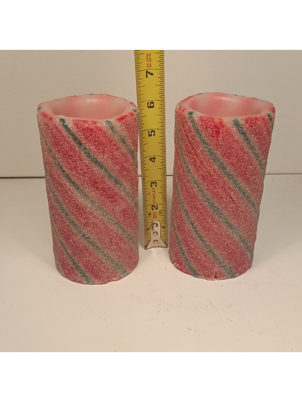 Set of 2 Red/Green/White Glitter Candy Cane Flameless LED Pillar Candles 6 in